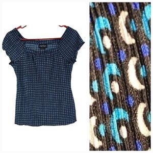 Russell Kemp NY Women's Pleated Crop Top PETITE Small Black Turquoise Dot Blouse